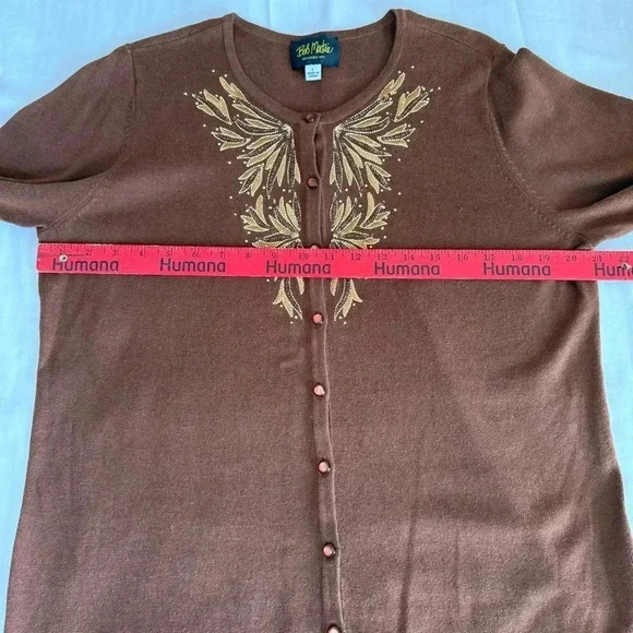 Bob Mackie Wearable Art Knit Cardigan Sweater Brown Sequins Button Long sleeve L - Picture 5 of 7